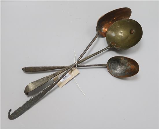 Two 18th / 19th century copper, wrought iron handled ladles and a brass ladle